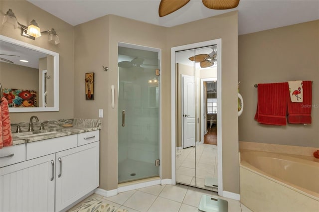 bathroom featuring separate shower and tub, ceiling fan, tile patterned flooring, and vanity