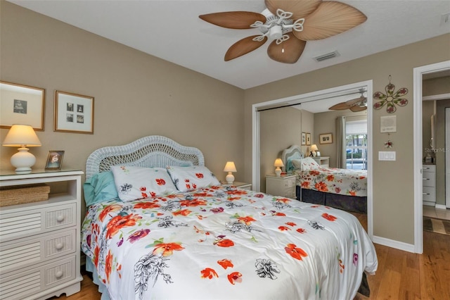 bedroom with ceiling fan, a closet, and light wood-type flooring