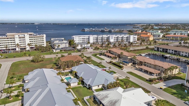 bird's eye view with a water view