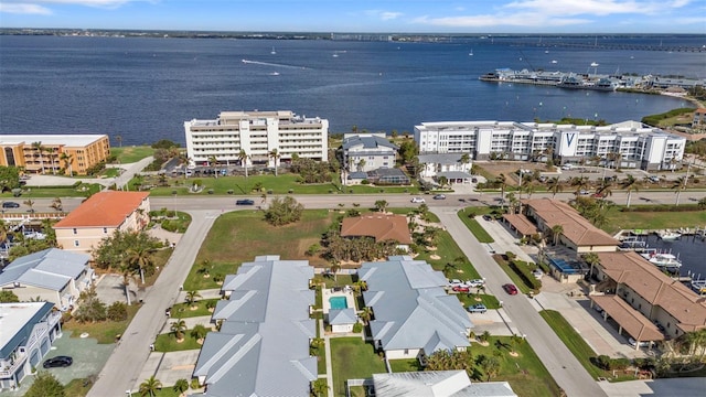 aerial view featuring a water view