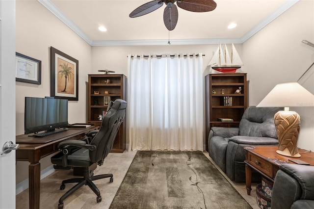 office space featuring ceiling fan and ornamental molding