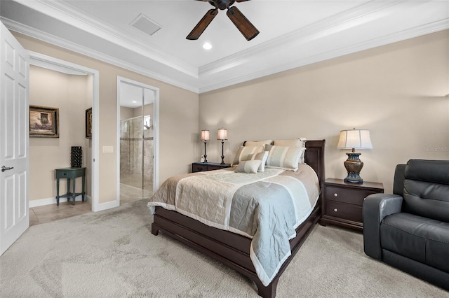 bedroom featuring ensuite bath, ceiling fan, crown molding, and light colored carpet