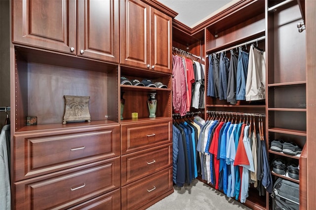 walk in closet featuring light carpet