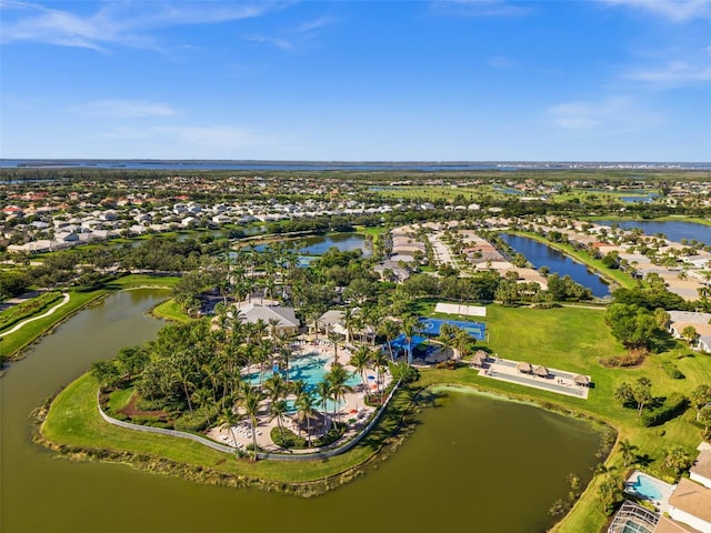 aerial view featuring a water view