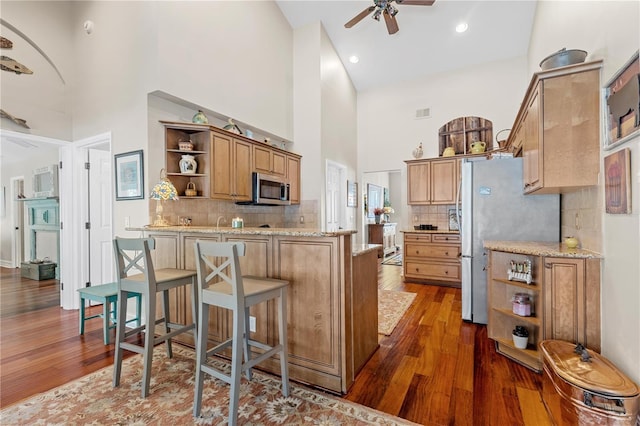 kitchen with dark hardwood / wood-style flooring, stainless steel appliances, high vaulted ceiling, and backsplash