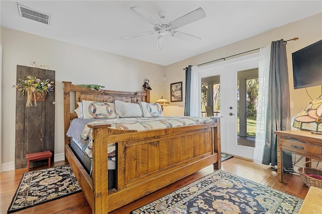 bedroom with french doors, light wood-type flooring, access to outside, and ceiling fan