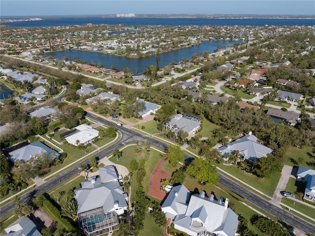 bird's eye view with a water view