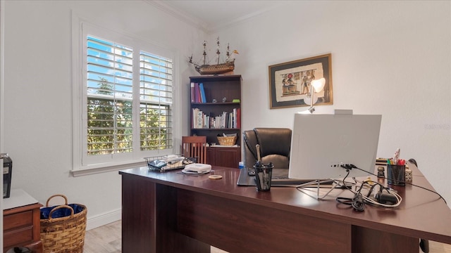 office space featuring a wealth of natural light, ornamental molding, and light wood-type flooring