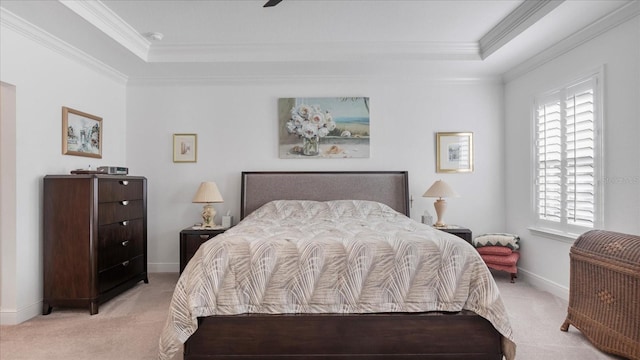 bedroom with light carpet, multiple windows, and crown molding