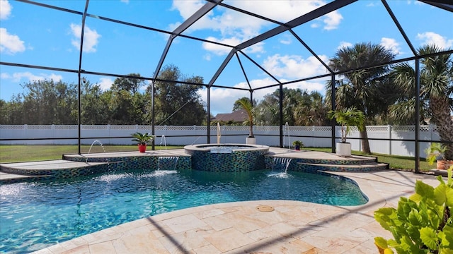 view of swimming pool with a lanai, pool water feature, and an in ground hot tub