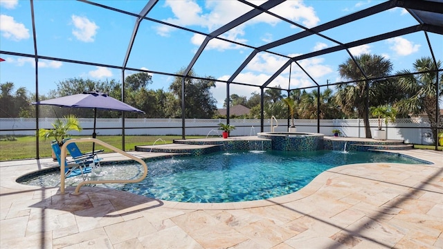 view of pool with a lanai, a patio area, pool water feature, and an in ground hot tub