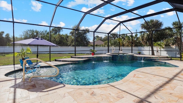 view of swimming pool with pool water feature, a lanai, a yard, an in ground hot tub, and a patio