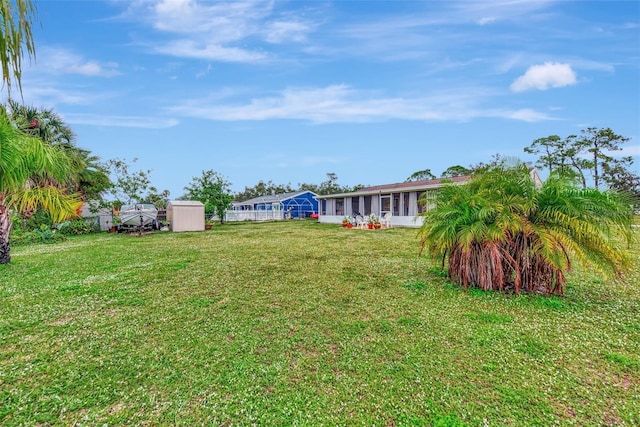 view of yard with a storage shed