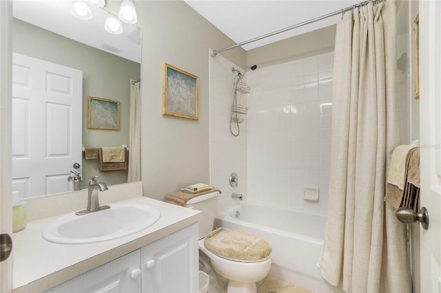 full bathroom featuring vanity, toilet, and shower / bathtub combination with curtain