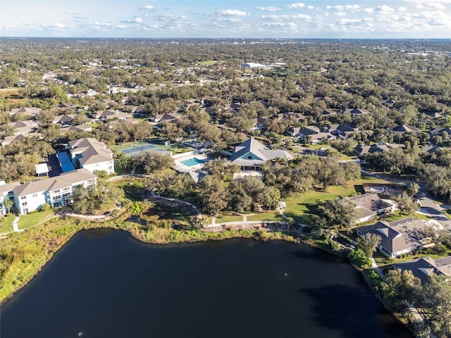 bird's eye view with a water view