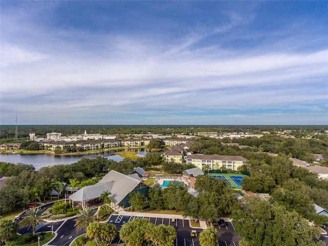 drone / aerial view featuring a water view