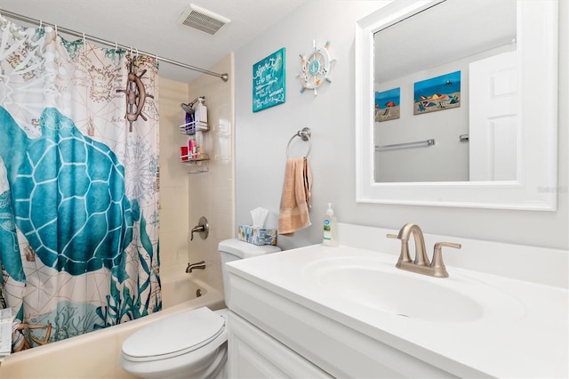 full bathroom featuring toilet, a textured ceiling, vanity, and shower / tub combo with curtain