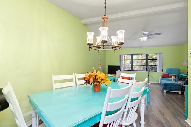 4290 Randypaar St, Port Charlotte, FL 33948 - dining area with wood finished floors, a chandelier, beamed ceiling, and a ceiling fan