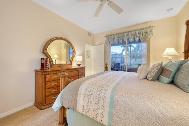 bedroom featuring ceiling fan, light carpet, and access to outside