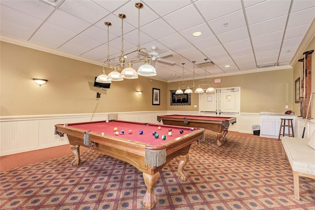 game room with carpet, ceiling fan, crown molding, and pool table