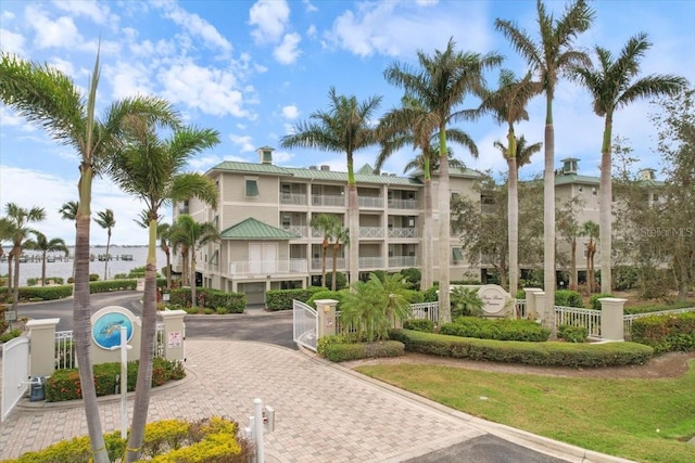 view of building exterior featuring a water view