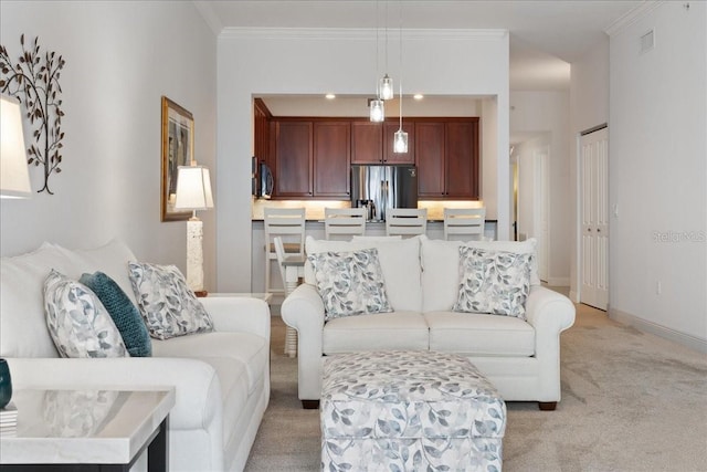 living room featuring light carpet and ornamental molding