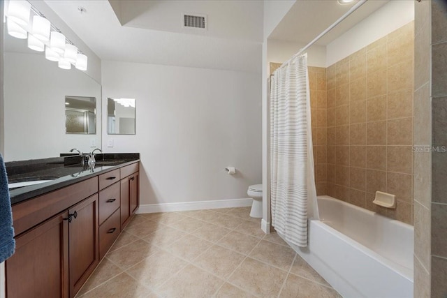 full bathroom with tile patterned flooring, shower / bath combination with curtain, toilet, and vanity