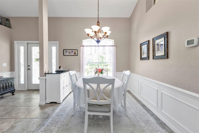 dining area featuring plenty of natural light, a chandelier, wainscoting, and a decorative wall
