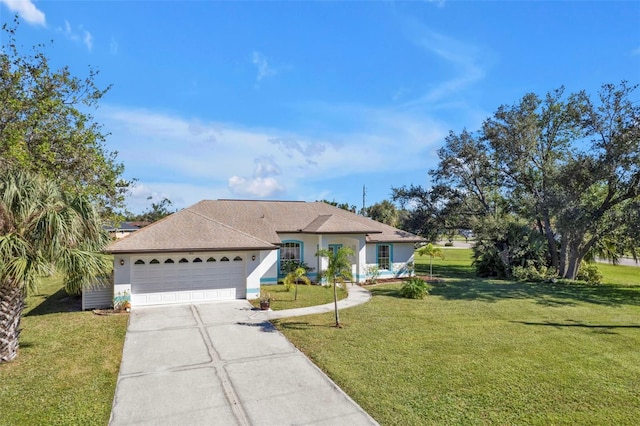 ranch-style house featuring a front yard, a garage, driveway, and stucco siding