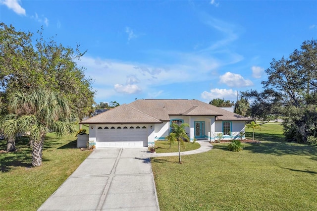 ranch-style house with a front yard, an attached garage, concrete driveway, and stucco siding
