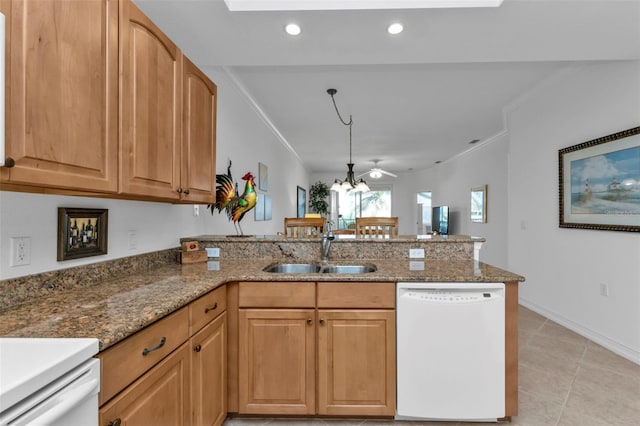 kitchen featuring kitchen peninsula, white appliances, dark stone countertops, and sink