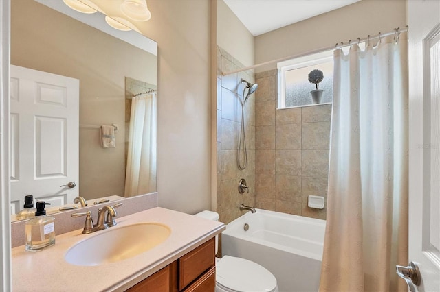 full bathroom with vanity, toilet, and shower / bathtub combination with curtain