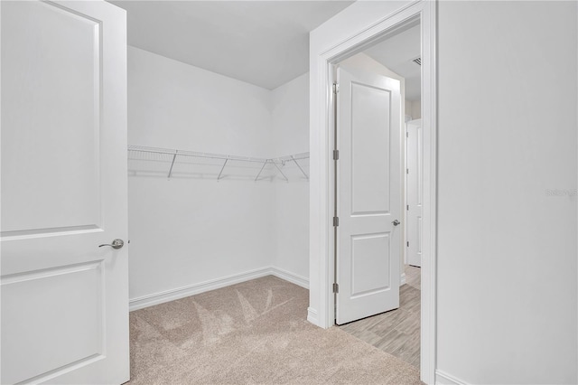 walk in closet featuring light colored carpet