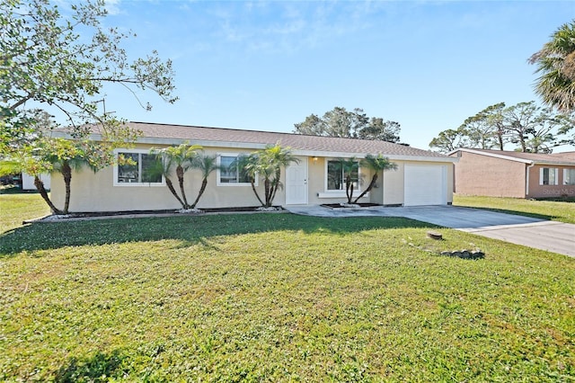 single story home featuring a garage and a front lawn