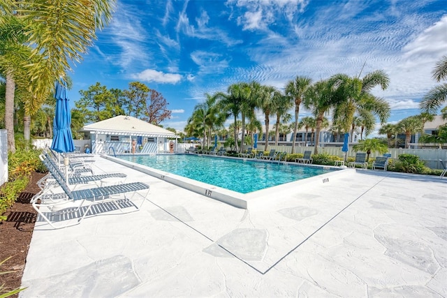 view of swimming pool with a patio