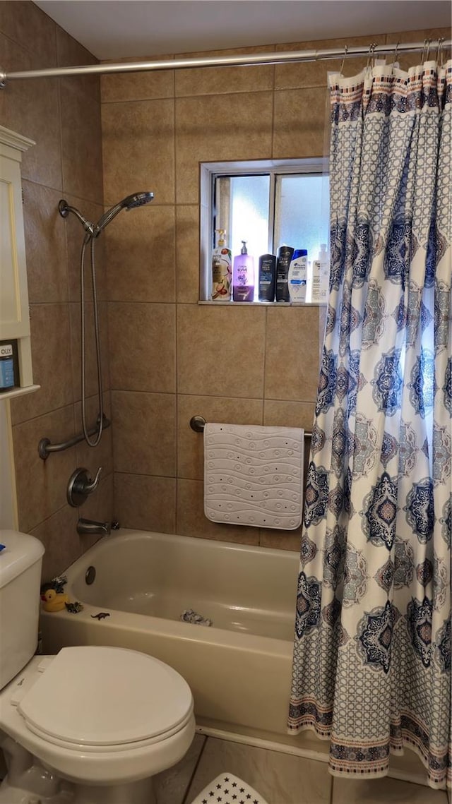 bathroom with shower / bath combination with curtain, toilet, and tile patterned flooring