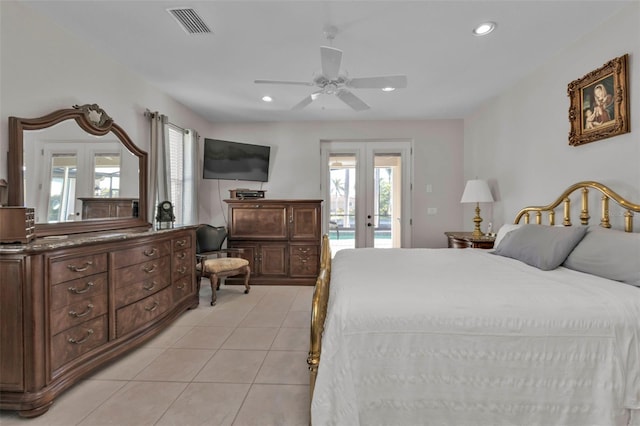 bedroom featuring ceiling fan, light tile patterned flooring, access to outside, and french doors