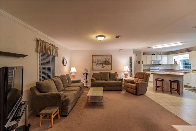 carpeted living room featuring ornamental molding