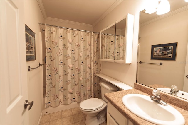 full bathroom with shower / bath combo, vanity, tile patterned floors, and ornamental molding