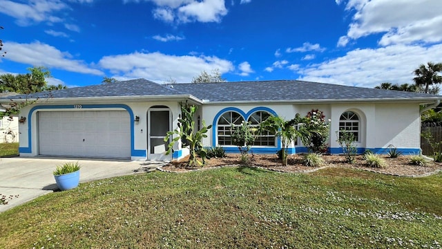 ranch-style house with a front yard and a garage