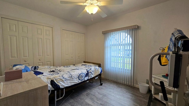 bedroom featuring multiple closets, ceiling fan, and dark hardwood / wood-style flooring