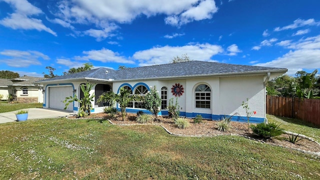 ranch-style house featuring a front yard and a garage