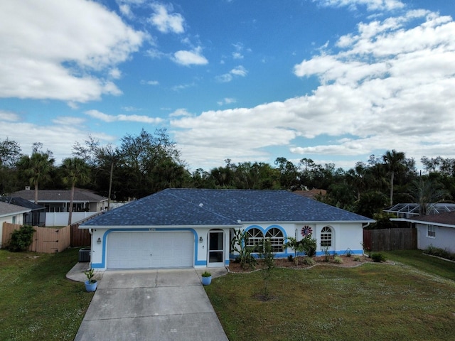 ranch-style home featuring a garage, a front lawn, and cooling unit