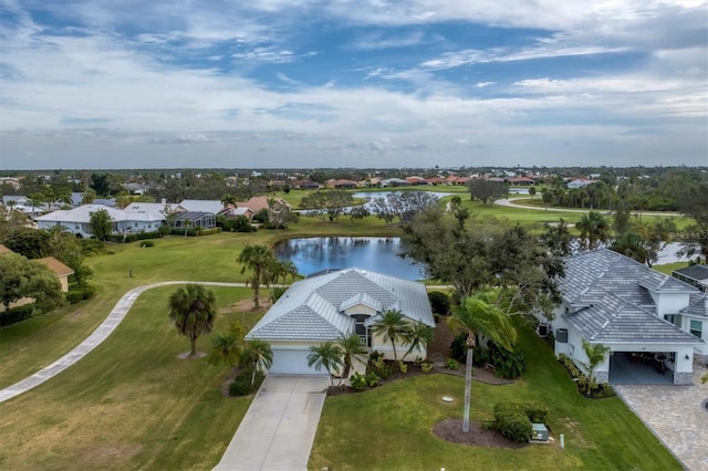 drone / aerial view featuring a water view