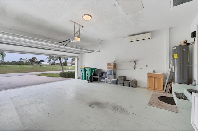 garage featuring a wall mounted air conditioner, a garage door opener, and water heater