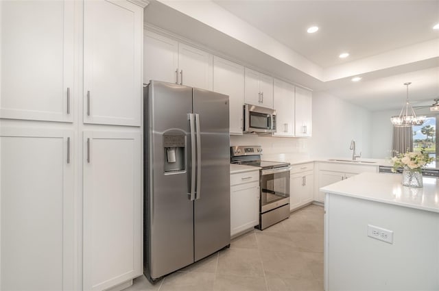 kitchen featuring appliances with stainless steel finishes, sink, decorative light fixtures, a chandelier, and white cabinetry