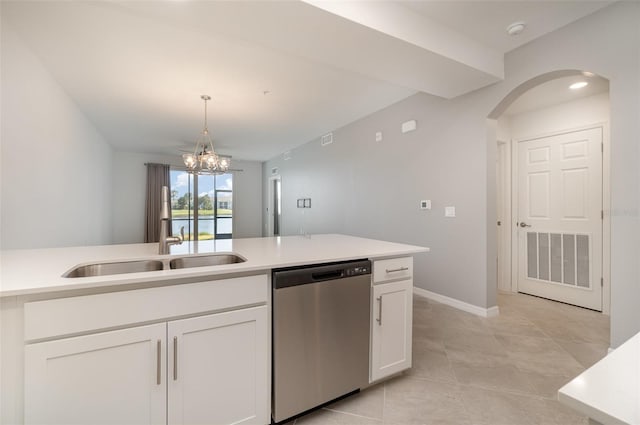 kitchen with dishwasher, an inviting chandelier, sink, hanging light fixtures, and white cabinetry