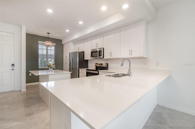 kitchen with kitchen peninsula, appliances with stainless steel finishes, sink, white cabinets, and hanging light fixtures