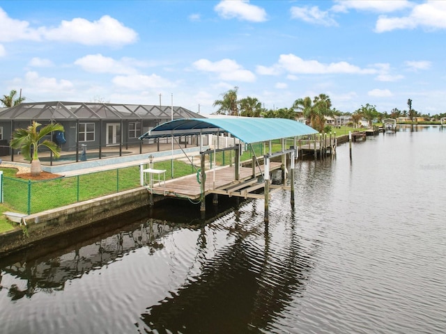 view of dock featuring a lanai, a water view, a yard, and a swimming pool