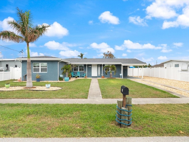 ranch-style home with covered porch, a front yard, and a carport